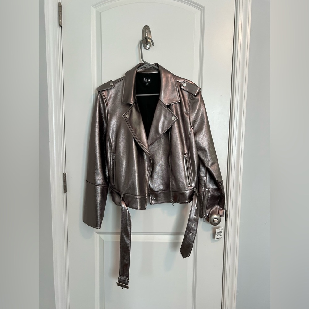 INC International Concepts Shimmering Silver Leather Jacket